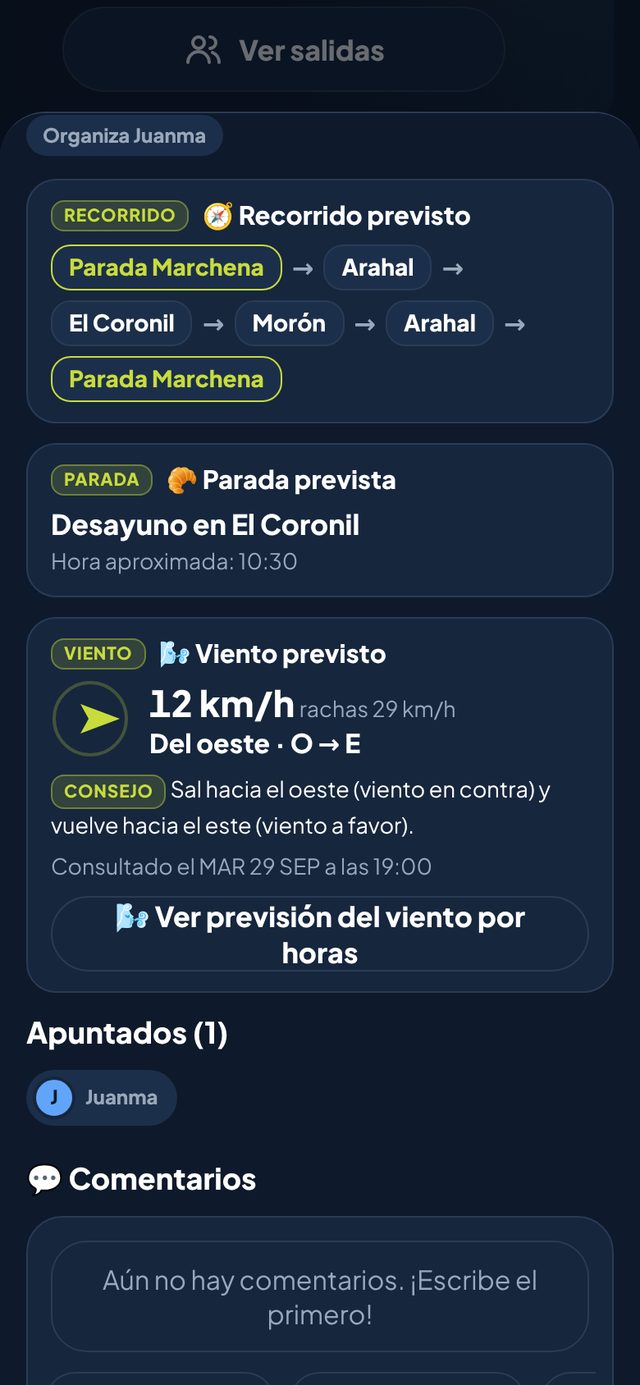 Detalle de una salida con recorrido, parada y viento previsto