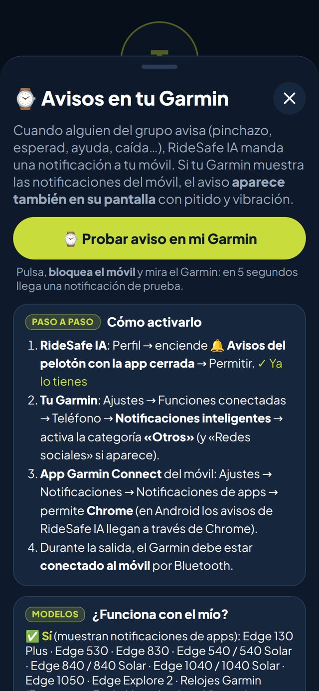 Pantalla Avisos en tu Garmin con botón de prueba