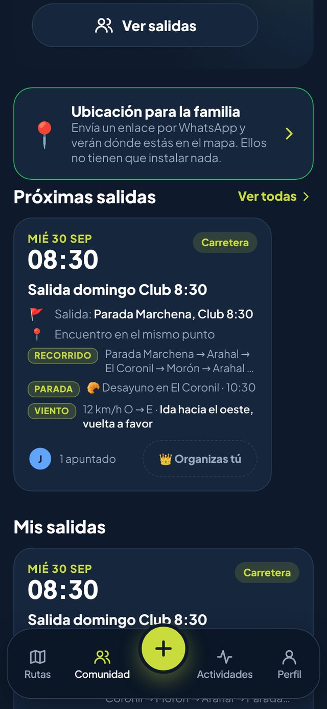 Tarjetas de salidas con recorrido, parada y viento